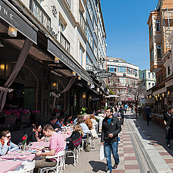 顾客,吃,露天咖啡馆,行人,走,建筑,伊斯坦布尔,土耳其