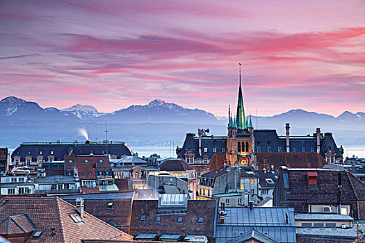 教堂,城市天际线,日落,洛桑,沃州,瑞士