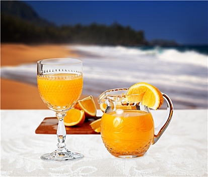 玻璃杯,橙色,海滩