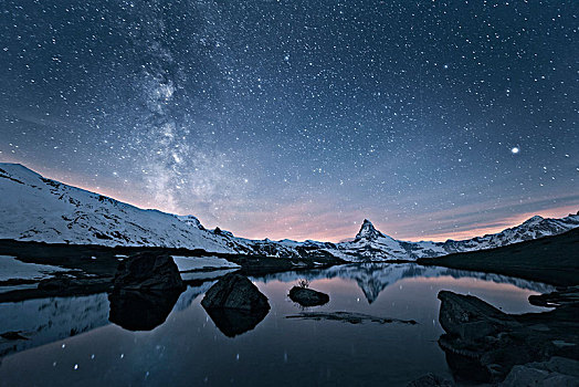 银河,上方,马塔角,山,反射,湖,瑞士
