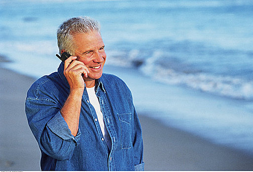 成熟,男人,手机,海滩