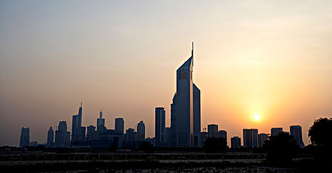 天际线,日落,迪拜,阿联酋