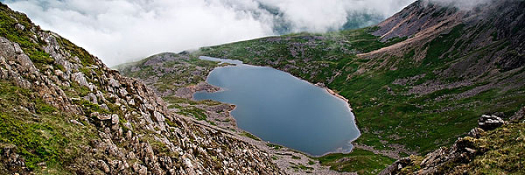 全景,风景,上面,山,俯视,湖,云