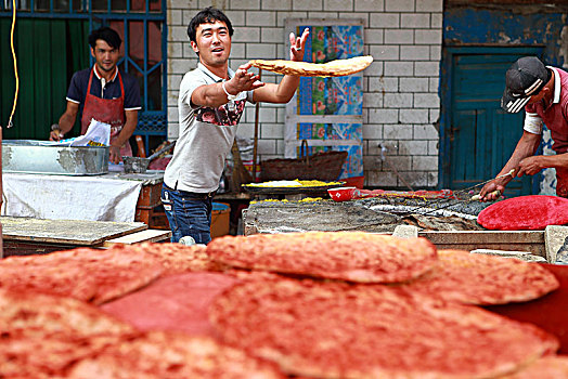 沙雅,街头,馕,制作,食品,大饼,烤饼