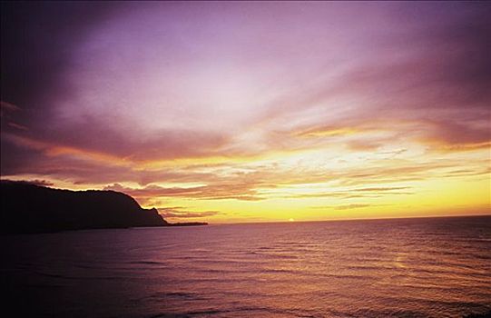 夏威夷,考艾岛,湾,粉色,黄色,日落
