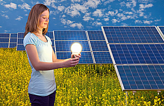 女人,灯泡,太阳能电池板