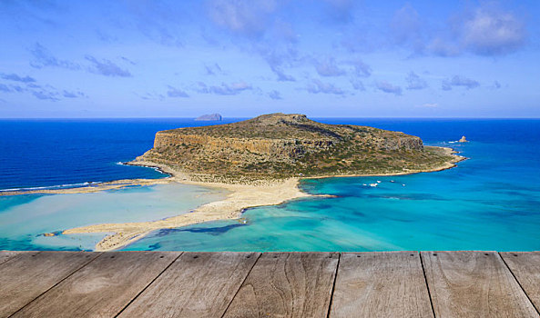 空,木桌子,惊奇,风景,上方,泻湖,岛屿,克里特岛,希腊
