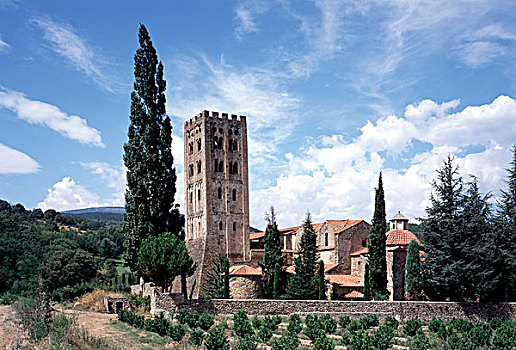 罗马式,教堂,展示,钟楼,比利牛斯山脉,法国