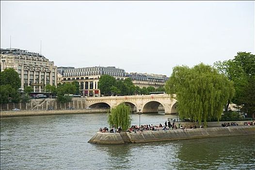 人,河岸,赛纳河,巴黎新桥,背景,巴黎,法国,俯拍