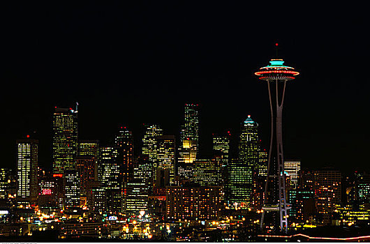 城市天际线,太空针,夜晚,西雅图,华盛顿,美国