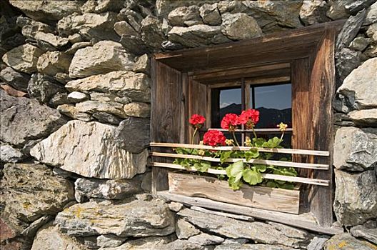 窗户,阿尔卑斯小屋,高山,山谷,提洛尔,奥地利,欧洲