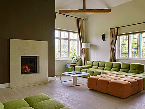 绿色,橙色,沙发,土耳其,现代,壁炉,客厅