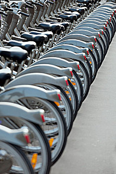 自行车,停放,排,城市街道
