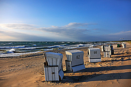 海滩,椅子,晚间,太阳,波罗的海,海洋,暴风雨天气,阿伦斯霍普,梅克伦堡前波莫瑞州,德国,欧洲