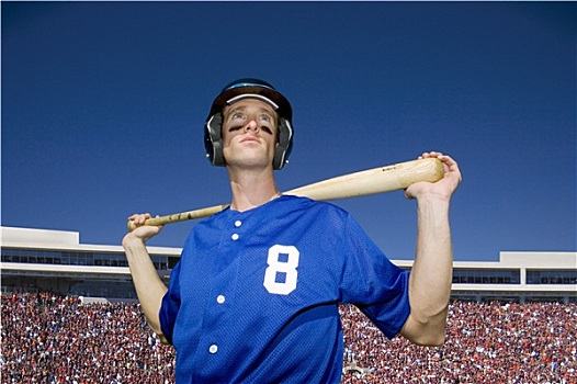棒球手,数字,蓝色,制服,头盔,脸部彩绘,站立,球场,球棒,后面,头部,仰视,头像