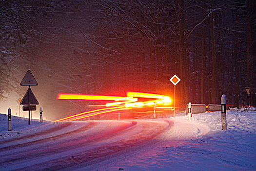 冰雪,弯曲,积雪,道路,汽车,小路,冬天
