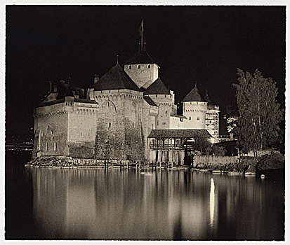 城堡,夜晚,反射,湖,蒙特勒,日内瓦湖,瑞士