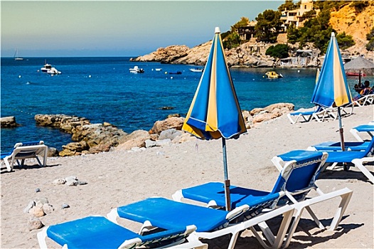 折叠躺椅,上方,沙子,自然风光,海滩,伊比萨岛,巴利阿里群岛,西班牙