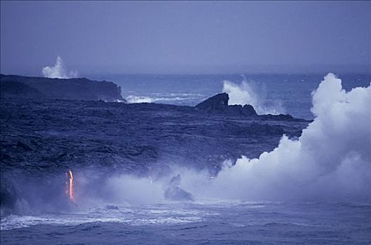 熔岩流,会面,海洋,夏威夷大岛,夏威夷