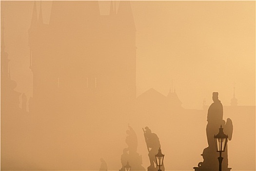 捷克共和国,布拉格,查理大桥,雾状,早晨