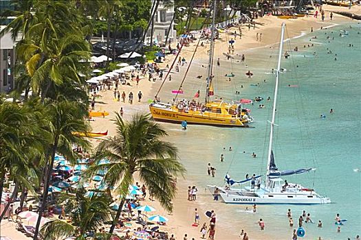 夏威夷,瓦胡岛,怀基基海滩,帆船,游客,俯视,使用,向上
