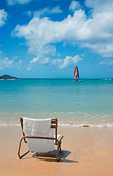 空椅,海滩,面对,外面,蓝色,海景