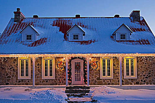 光亮,风格,住宅,家,装饰,圣诞花环,黄昏,魁北克,加拿大