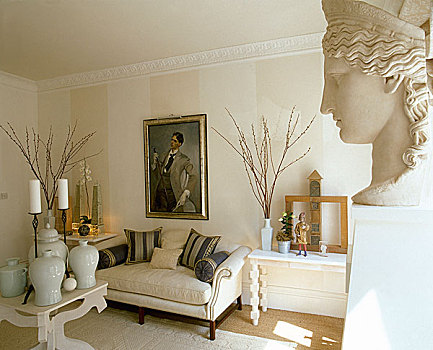 软垫,沙发,边桌,灯,起居室,半身像,雕塑