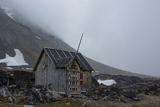 小屋,山景,湾,斯匹次卑尔根岛,斯瓦尔巴特群岛,挪威