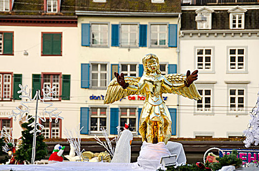 瑞士,巴塞尔,寒假,市场,假日,屋顶,装饰,金色,天使,手套