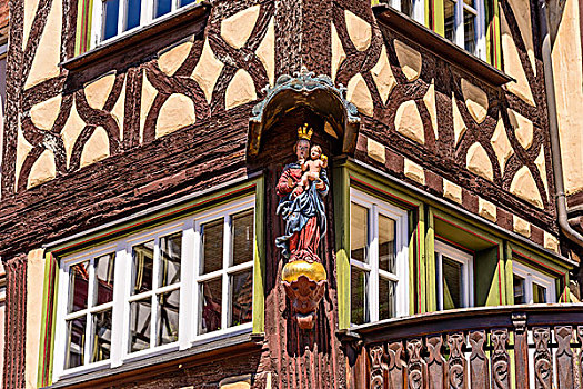 德国,巴伐利亚,弗兰克尼亚,闹市街,半木结构,建筑,圣母玛利亚,雕塑
