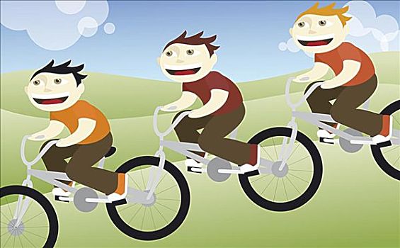 侧面,三个男孩,骑,自行车