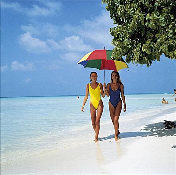 海滩,海洋,夏天,假日,女人,泳衣,遮阳伞