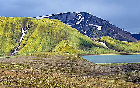 湖,山,道路,靠近,兰德玛纳,冰岛,欧洲