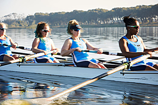女性,桨手,划船,短桨,晴朗,湖