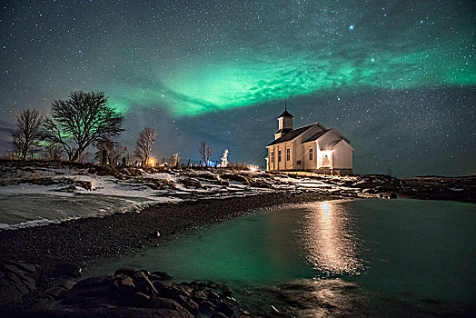 北极光,上方,教堂,罗弗敦群岛,挪威,欧洲