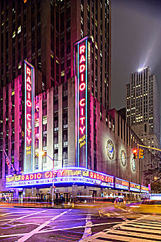 无线电城音乐厅,光亮,夜晚,洛克菲勒中心,市中心,曼哈顿,纽约,美国