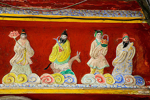 重庆南岸老君洞东门侧房檐下雕塑的八仙人物