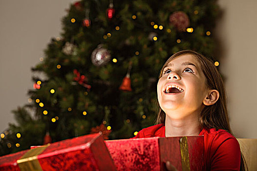 小女孩,打开,魔法,圣诞礼物