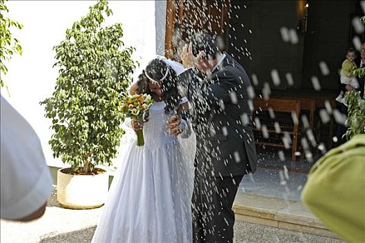 新婚夫妇,离开,教堂,婚礼,稻米,卡培,白色海岸,西班牙
