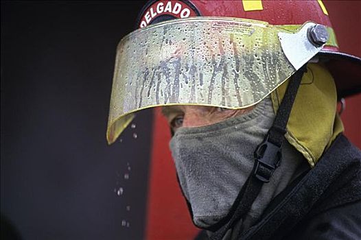 特写,消防员,戴着,头盔
