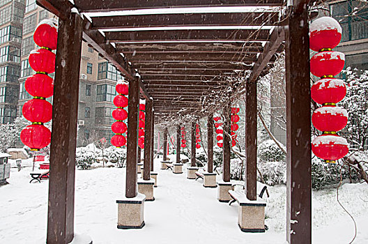 冬季挂满红灯笼的户外走廊