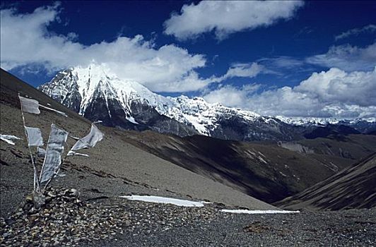 不丹,喜马拉雅山,经幡,山坡,雪冠,山峦,背景