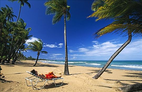 女人,躺着,海滩,棕榈树,靠近,里奥格兰德,波多黎各,加勒比海