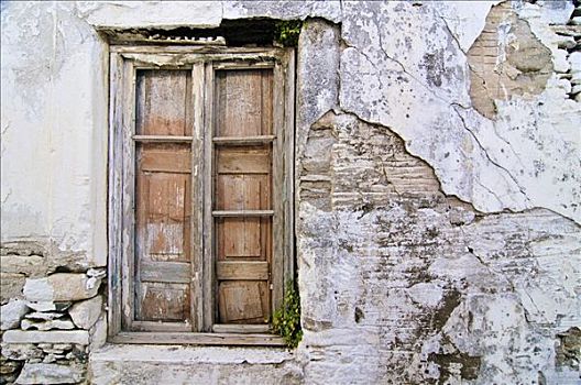 老,木质,窗户,风化,砖石建筑,纳克索斯岛,基克拉迪群岛,希腊,欧洲