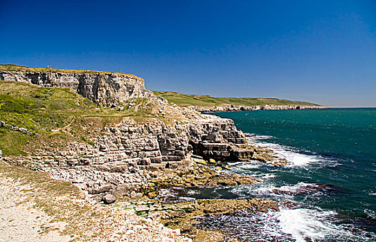 风景,悬崖,岩石,海岸线,蓝天,多西特,英格兰,英国,欧洲