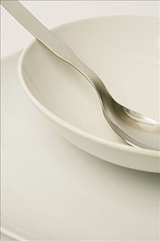 白色,盘子,碗,银色,勺子