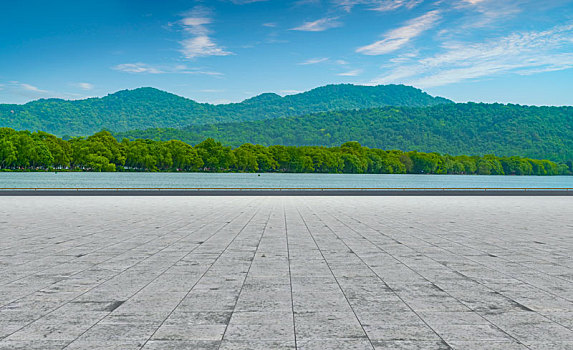 远山绿树和地砖道路