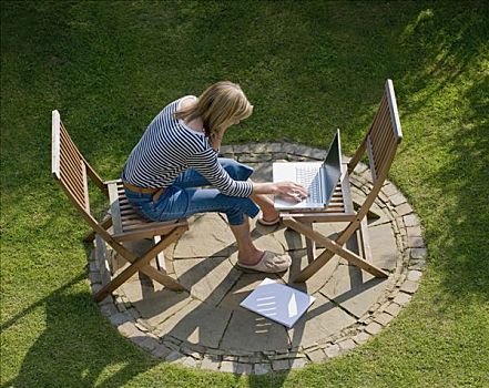 女人,工作,笔记本电脑,花园
