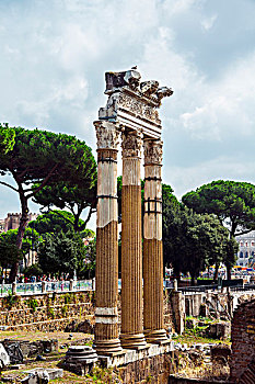庙宇,双子座,科林斯式,柱子,古罗马广场,罗马,拉齐奥,意大利,欧洲